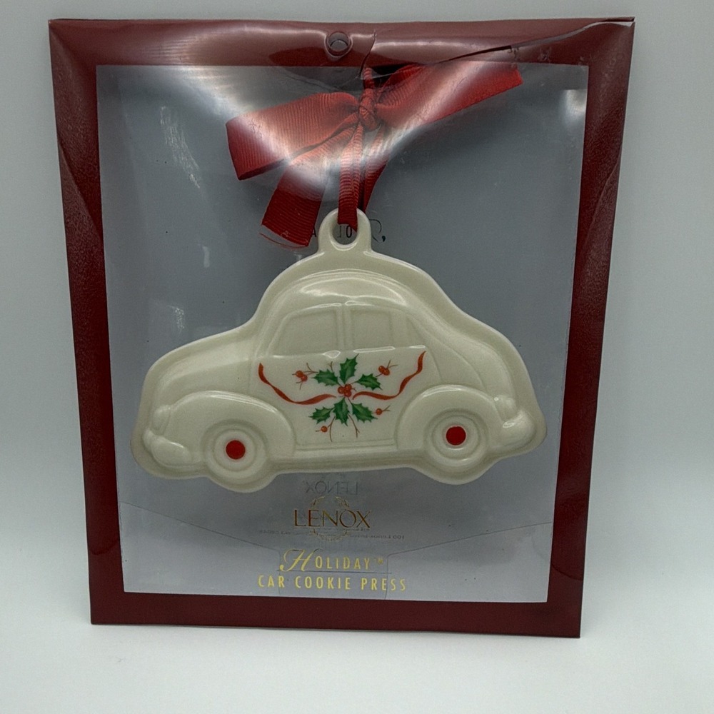 Lenox Holiday Car Cookie Press Ceramic Car Shape Christmas Holly Ivory Red Green